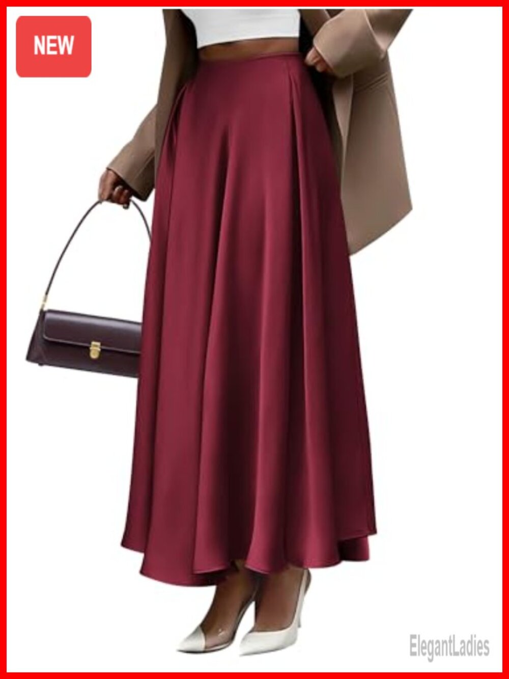 Satin Maxi Skirt High Waisted A-Line Pleated Hem Flowy